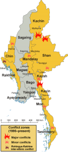 Areas of conflict in Burma (Myanmar). (Wikimedia, CentreLeftRight, Aoetearoa)