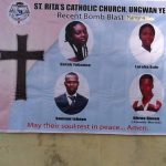 Poster at church funeral of four killed by suspected Islamic extremist at St. Rita's Catholic Church in Kaduna, Nigeria on Oct. 28.