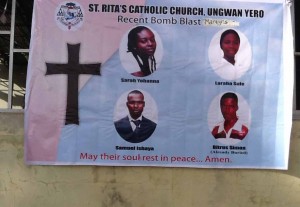 Poster at funeral of four Christians killed in Islamic extremist suicide bombing in Kaduna, Nigeria.