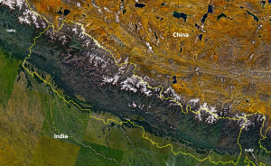 Nepal with its Himalayas, from NASA Landsat 7. (Wikipedia)