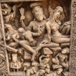Carving on a Hindu temple in Malhar Bilaspur, Chhattisgarh, from 10th or 11th century. (Wikipedia)