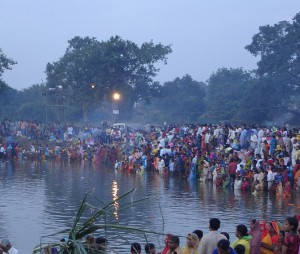 Celebration of Chhath, worship of Sun god, in Bihar, India. (Wikipedia)