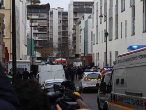 Outside Charlie Hebdo offices in Paris two hours after attack. (Thierry Caro via Wikipedia)