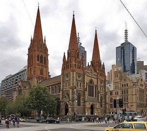 St. Paul's Cathedral as seen from Flinders Street Station, Melbourne, Australia. (Wikipedia)