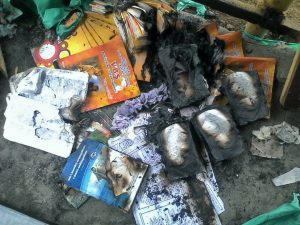 Bibles and other Christian literature charred in fire in Tamil Nadu state, India. (Morning Star News)