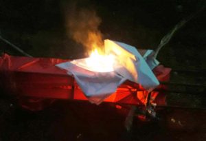 Hindu extremists burned a banner from the planned gospel campaign in Charoda, Chhattisgarh state, India. (Morning Star News)