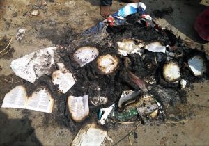 Hindu extremists burn Bibles outside building of church attacked in Sikandar Chavadi, Tamil Nadu, India. (Morning Star News)