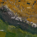 Nepal with its Himalayas, from NASA Landsat 7. (Wikipedia)