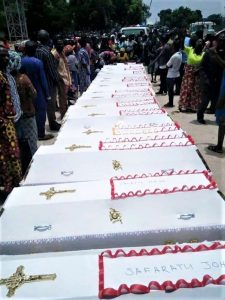 Coffins at the funeral of Christians slain in Konshu-Numa village, Nasarawa state, Nigeria on Sunday, April 14, 2019. (Morning Star News)