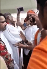 Hindu extremists harass pastor Dasarath Pawar (second from left) in Madhuban Lawn, Varanasi District, Uttar Pradesh, India on Sept. 8, 2019. (Morning Star News)