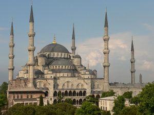 Sultan Ahmed Mosque, also known as the Blue Mosque, in Istanbul, Turkey. (Wikipedia)