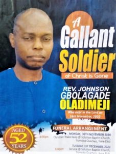 Funeral announcement of the Rev. Johnson Oladimeji, killed in Ekiti state, Nigeria. (Morning Star News)