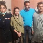Arzoo Raja flanked by police in Karachi, Pakistan, with Ali Azhar on far right, on Nov. 2, 2020. (Photo released by Sindh government)
