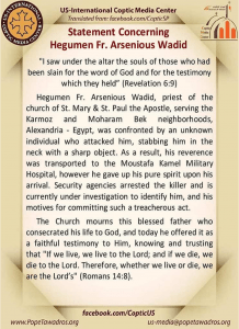 Statement from the Universal Syriac Orthodox Church about slain priest Arsanious Wadid. (Facebook)