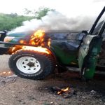 Vehicle of Christian tour guide Eric Alayi set ablaze after he was slain along with two tourists in western Uganda on Oct. 17, 2023. (Uganda Police Force X account)