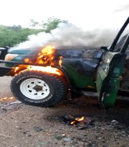 Vehicle of Christian tour guide Eric Alayi set ablaze after he was slain along with two tourists in western Uganda on Oct. 17, 2023. (Uganda Police Force X account)