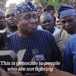 Former Benue state Gov. Gabriel Suswam laments herdsmen’s June 13-14 slaughter of predominantly Christian farmers in Yelwata, Nigeria to media on June 19, 2025. (Screenshot from TRT World broadcast)