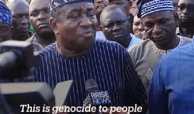 Former Benue state Gov. Gabriel Suswam laments herdsmen’s June 13-14 slaughter of predominantly Christian farmers in Yelwata, Nigeria to media on June 19, 2025. (Screenshot from TRT World broadcast)