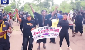 Villagers protest massacre in Yelwata, Guma County, Benue state, Nigeria in mid-June 2025. (Screenshot from Channels Television report on YouTube)