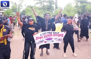 Villagers protest massacre in Yelwata, Guma County, Benue state, Nigeria in mid-June 2025. (Screenshot from Channels Television report on YouTube)