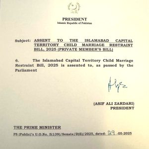 Notification by president of Pakistan enacting law against child marriages in the Islamabad Capital Territory. (Christian Daily International-Morning Star News)