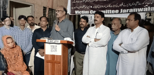 Victims Committee Jaranwala Convener Robin Daniel announcing end of 17-day sit-in on Sept. 2, 2025. (Minority Rights Movement Pakistan Facebook)