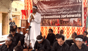 Rwadari Tehreek Chairman Samson Salamat addresses sit-in demonstration in Jaranwala marking two years since Aug. 16, 2023 attacks on Christians in the area. (Victims Committee photo for Christian Daily International-Morning Star News)
