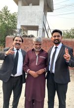 Nadeem Masih with attorneys Javed Sahotra (L) and Shawaiz Javed (R) after his release from prison on June 23, 2026. (Christian Daily International-Morning Star News)