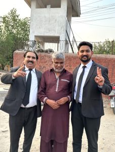 Nadeem Masih with attorneys Javed Sahotra (L) and Shawaiz Javed (R) after his release from prison on June 23, 2026. (Christian Daily International-Morning Star News)