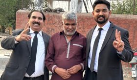 Nadeem Masih with attorneys Javed Sahotra (L) and Shawaiz Javed (R) after his release from prison on June 23, 2026. (Christian Daily International-Morning Star News)