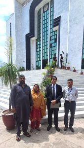 Maria Shahbaz’s parents Shahbaz Masih and Erum Shahbaz with attorney Saqib Jillani and rights activist Safdar Chaudhry (R) at Federal Constitutional Court building. (Christian Daily International-Morning Star News)