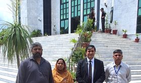 Maria Shahbaz’s parents Shahbaz Masih and Erum Shahbaz with attorney Saqib Jillani and rights activist Safdar Chaudhry (R) at Federal Constitutional Court building. (Christian Daily International-Morning Star News)