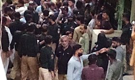 Muslim mob protests outside of home of Christian accused of blasphemy in Karachi, Pakistan on July 9, 2026. (Screenshot from Facebook)